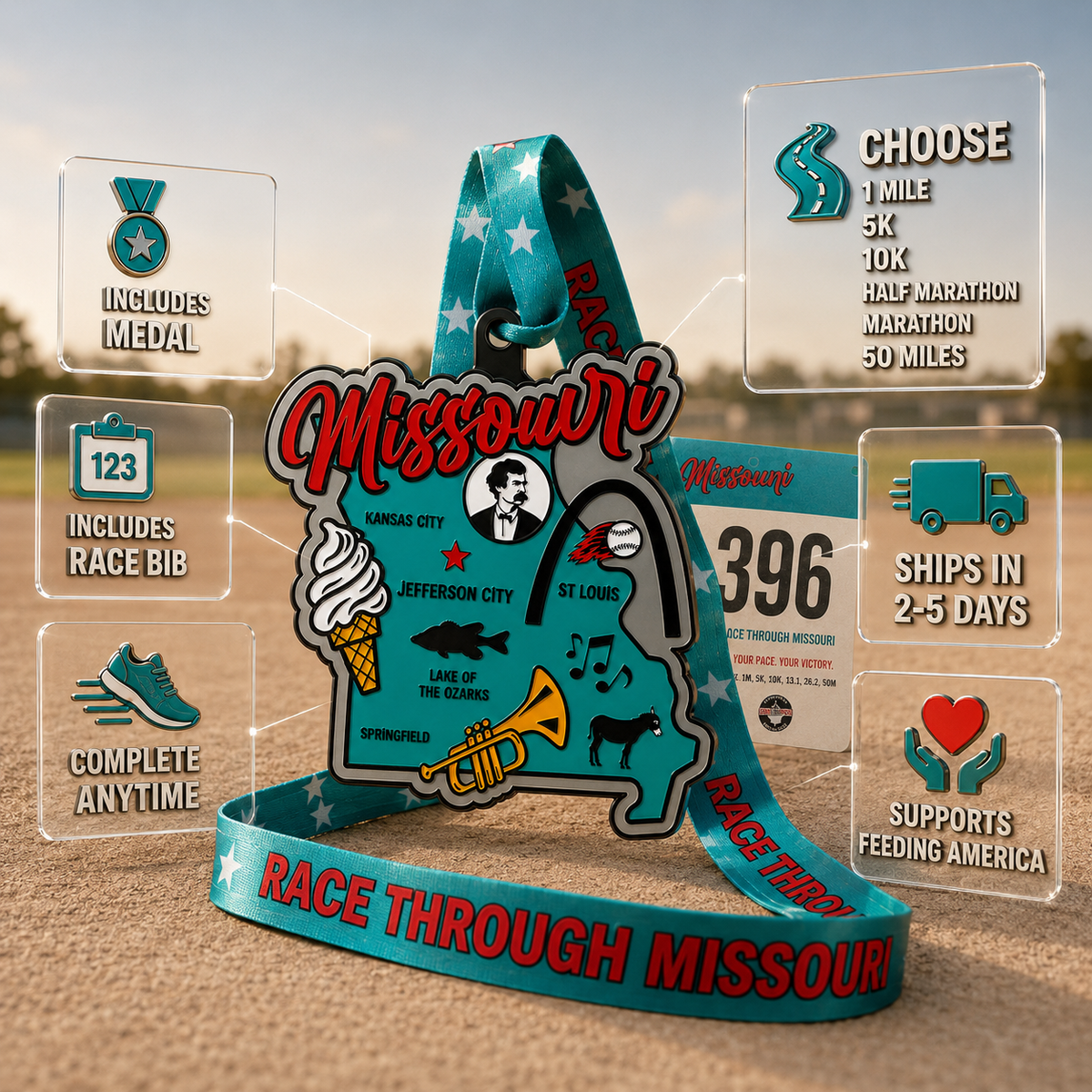 Silver medal for the Race Through Missouri Virtual Race by virtualrunevent, featuring Missouri-themed design and race details.
