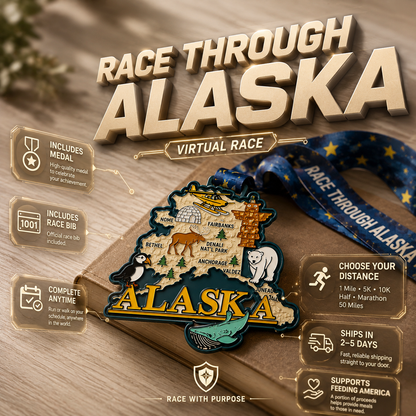 Alaska-themed running medal from VirtualRunEvent for virtual race, featuring mountain and trail graphics for 5K to 50 mile distances.