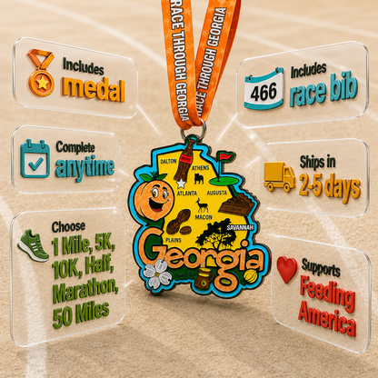 Virtualrunevent Race Through Georgia medal featuring vibrant Georgia-themed graphics and race distance icons for virtual running events.