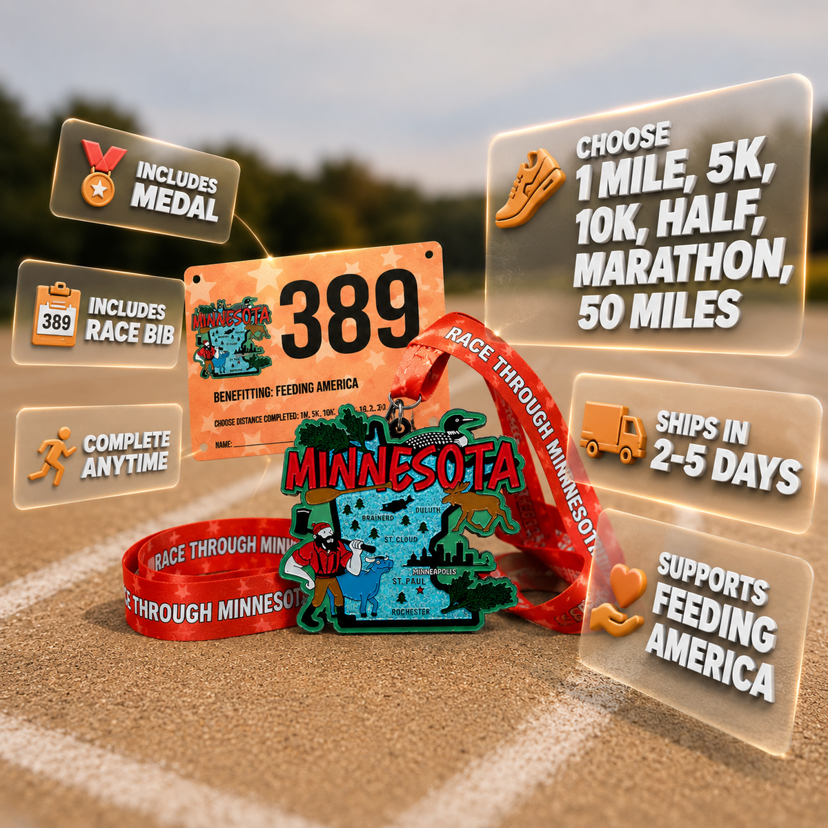 Virtualrunevent Minnesota Race medal for 5K, 10K, Half Marathon, and 50 Mile Challenge featuring Minnesota map and race details.