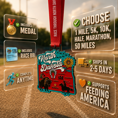 Virtualrunevent North Dakota Race medal featuring a graphic design representing 5K, 10K, Half Marathon, and 50 Mile Challenge.