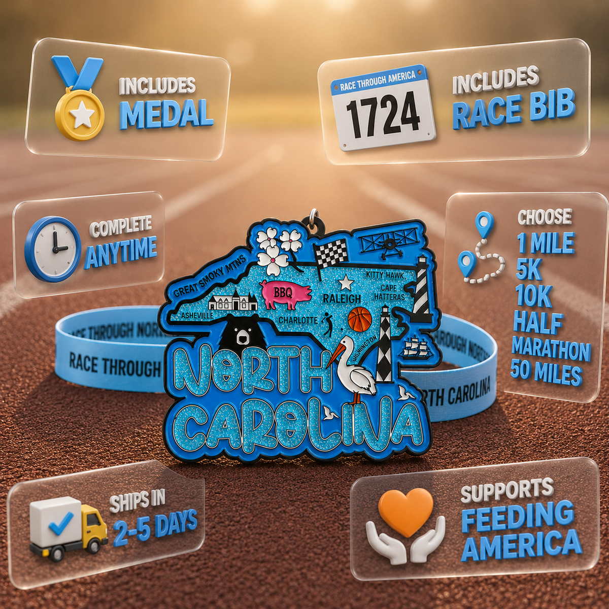 Virtualrunevent North Carolina race medal featuring scenic graphic, commemorating 5K, 10K, Half Marathon, and 50 Mile Challenge.