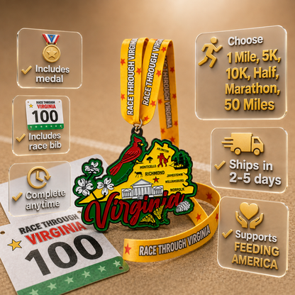 Virtualrunevent Race Through Virginia medal featuring a colorful graphic design for 5K, 10K, half marathon, and marathon virtual race.