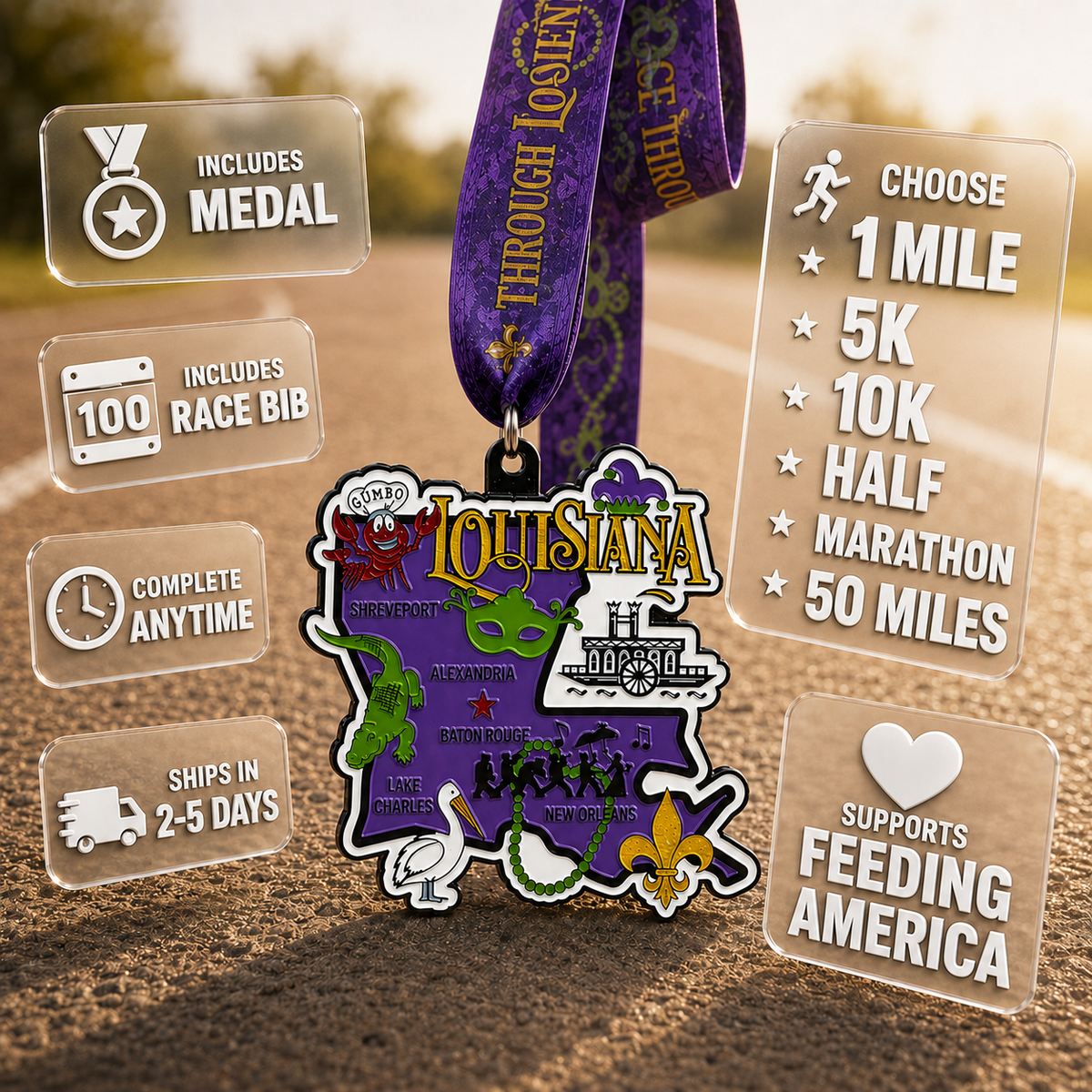 Virtualrunevent Race Through Louisiana medal showcasing a colorful Louisiana-themed design for 5K, 10K, half marathon, and 50 mile challenge.