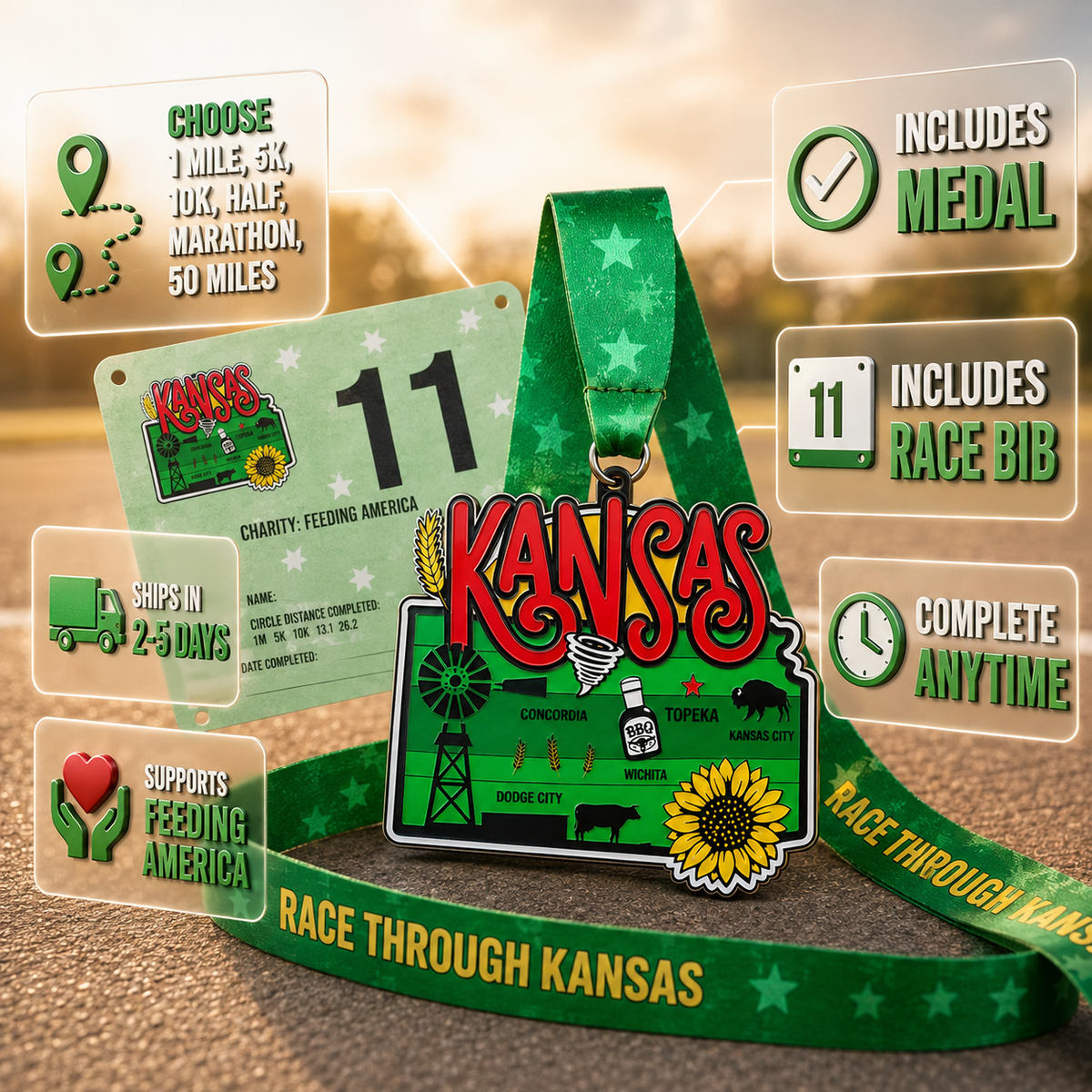 Virtualrunevent Race Through Kansas medal with Kansas map and race distances, featuring colorful graphics and virtual race branding.