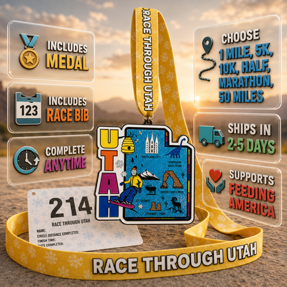 Virtualrunevent Race Through Utah medal featuring colorful Utah landscape and race details for 5K, 10K, Half Marathon, and 50 Mile Challenge