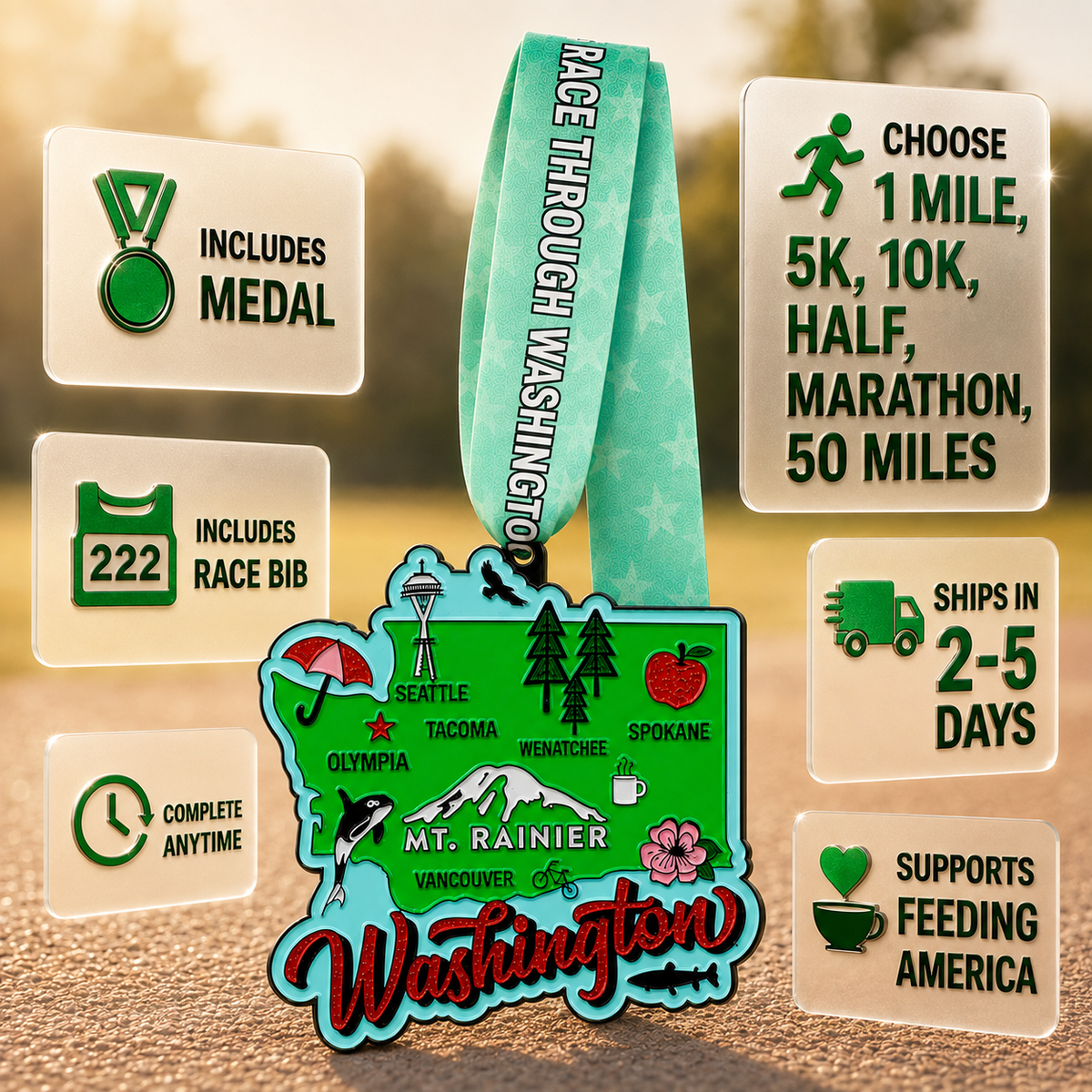 Virtualrunevent Race Through Washington medal featuring a scenic Washington graphic for 5K, 10K, and half marathon virtual races.