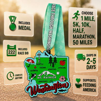 Virtualrunevent Race Through Washington medal featuring a scenic Washington graphic for 5K, 10K, and half marathon virtual races.