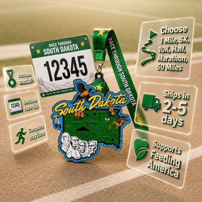 Virtualrunevent Race Through South Dakota medal featuring a colorful graphic of South Dakota landmarks and race distance inscriptions.
