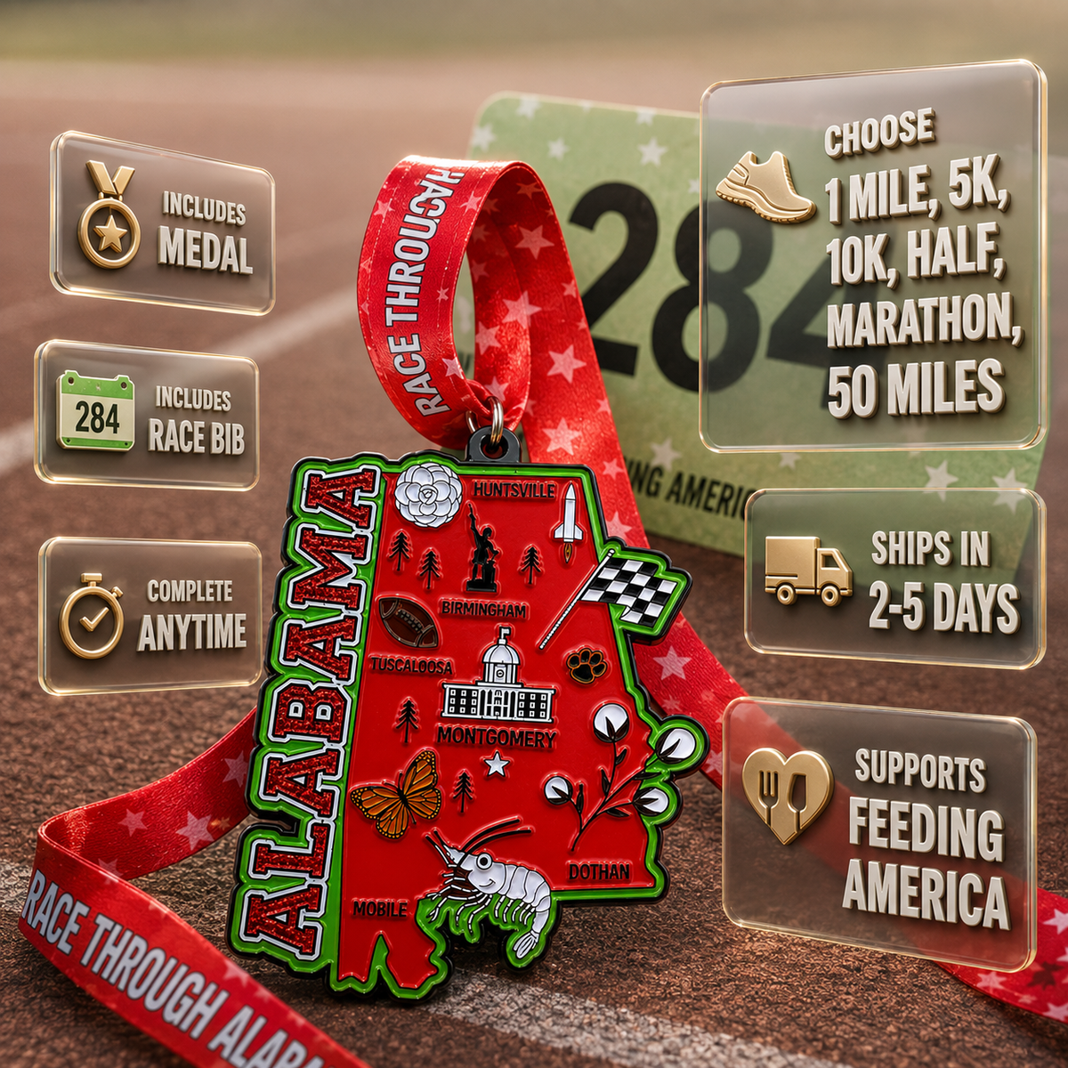Aluminum race medal for Alabama Virtual Race featuring a colorful design with race details and virtualrunevent branding.