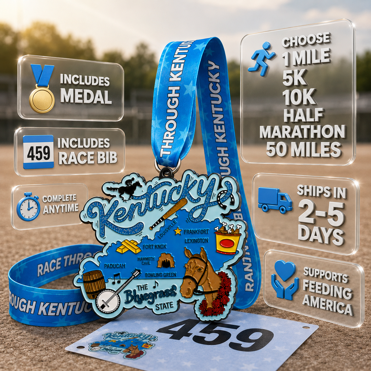 Virtualrunevent Race Through Kentucky medal featuring a colorful Kentucky-themed graphic for 5K, 10K, half marathon, and 50 mile challenges.