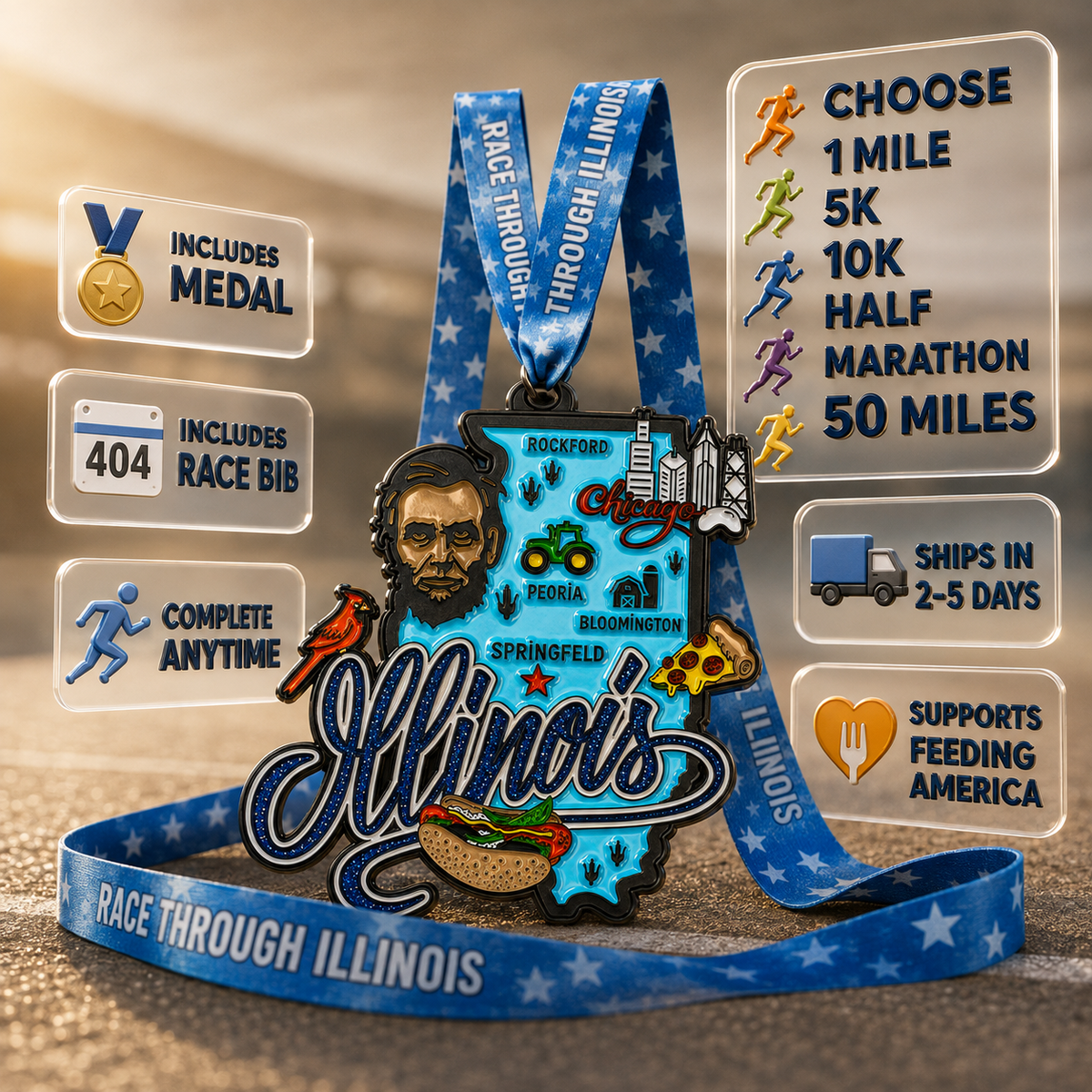 Virtualrunevent Illinois Race medal featuring a colorful graphic design for 5K, 10K, half marathon, and 50-mile challenge finisher.