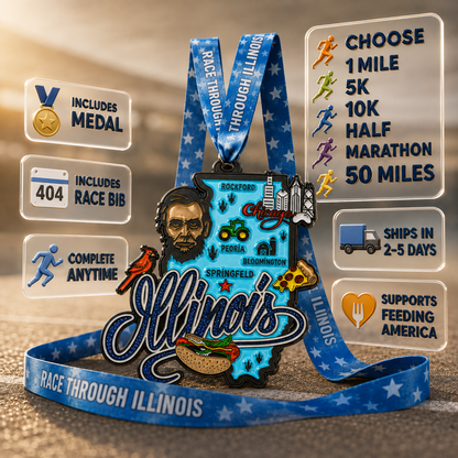 Virtualrunevent Illinois Race medal featuring a colorful graphic design for 5K, 10K, half marathon, and 50-mile challenge finisher.