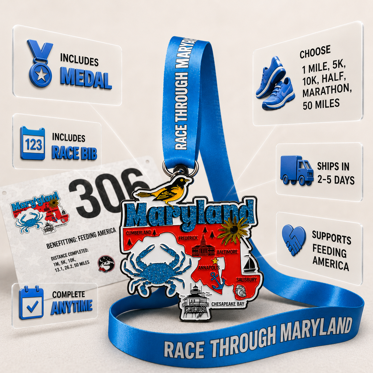 Virtualrunevent Maryland Race medal featuring a colorful Maryland-themed graphic for 5K, 10K, Half Marathon, and 50 Mile challenges
