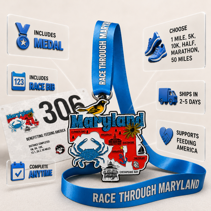 Virtualrunevent Maryland Race medal featuring a colorful Maryland-themed graphic for 5K, 10K, Half Marathon, and 50 Mile challenges