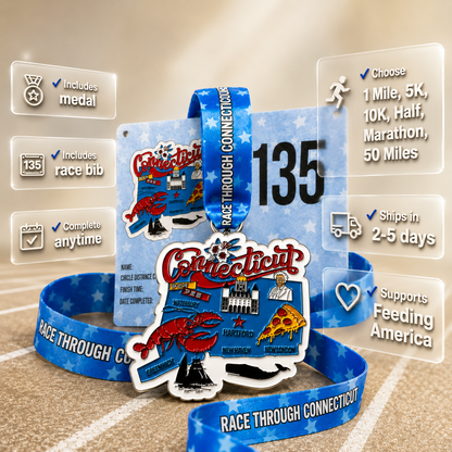 Connecticut virtual race medal featuring a design with race distances and virtualrun event branding.