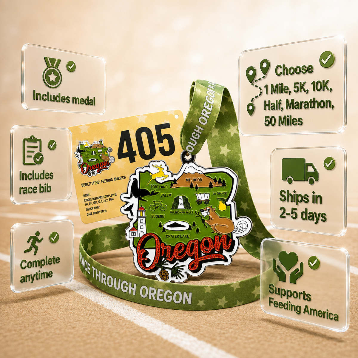 Virtualrunevent Race Through Oregon medal featuring a scenic Oregon landscape and race branding for 5K, 10K, half marathon, and marathon.