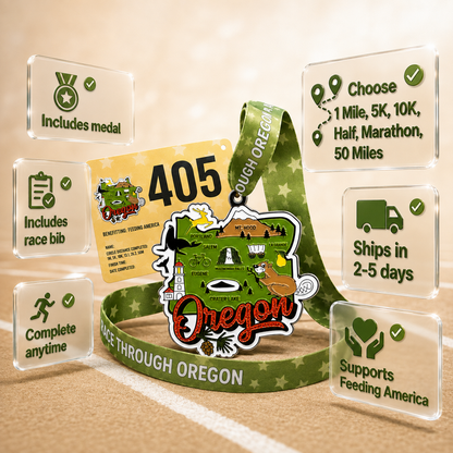Virtualrunevent Race Through Oregon medal featuring a scenic Oregon landscape and race branding for 5K, 10K, half marathon, and marathon.