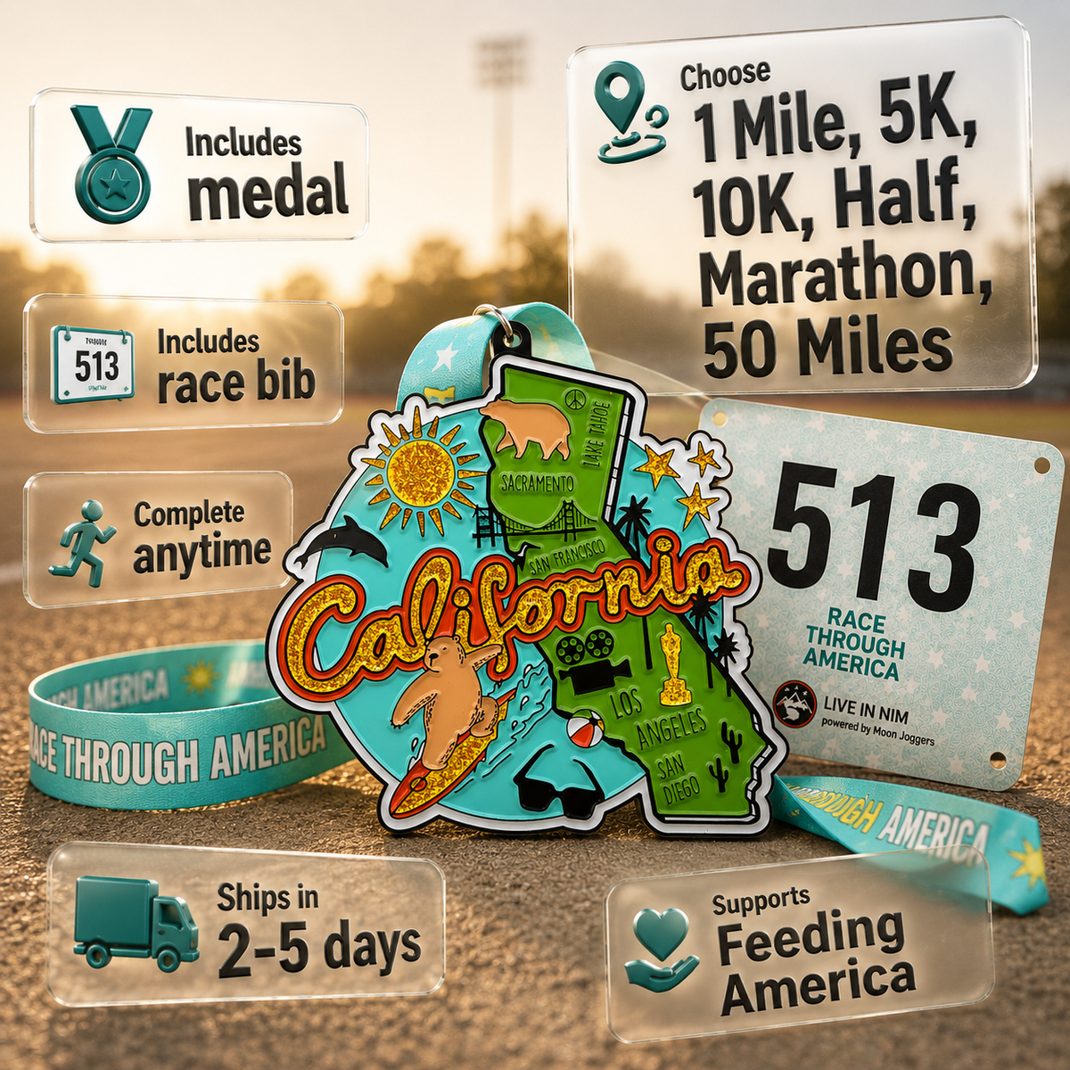Virtualrunevent California Race medal featuring colorful graphic design for 5K, 10K, Half Marathon, and 50 Mile challenge finisher