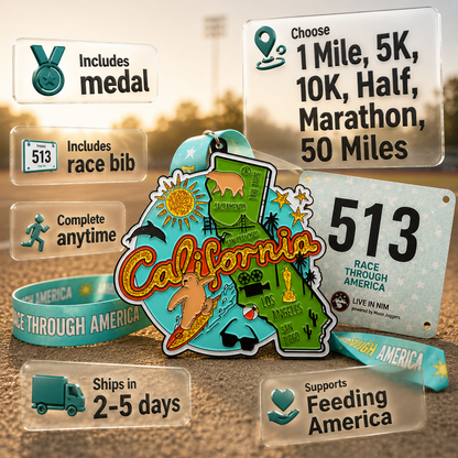 Virtualrunevent California Race medal featuring colorful graphic design for 5K, 10K, Half Marathon, and 50 Mile challenge finisher