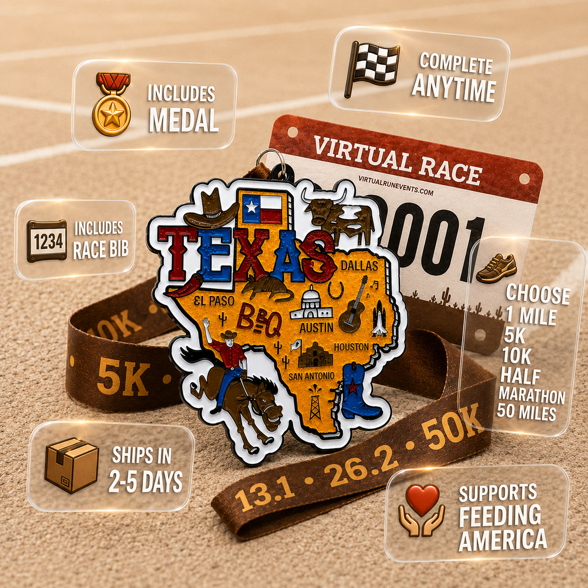Virtualrunevent Race Through Texas medal featuring a Texas-themed graphic for 5K, 10K, Half Marathon, and 50 Mile Challenge finisher.