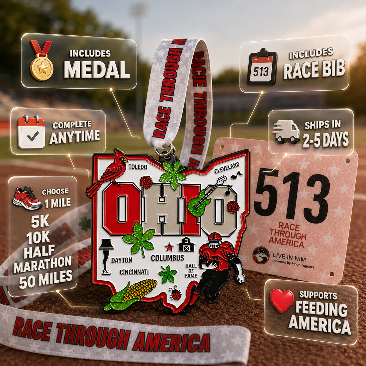 VirtualRunEvent Ohio Medal and Bib featuring a colorful graphic design for race participants.