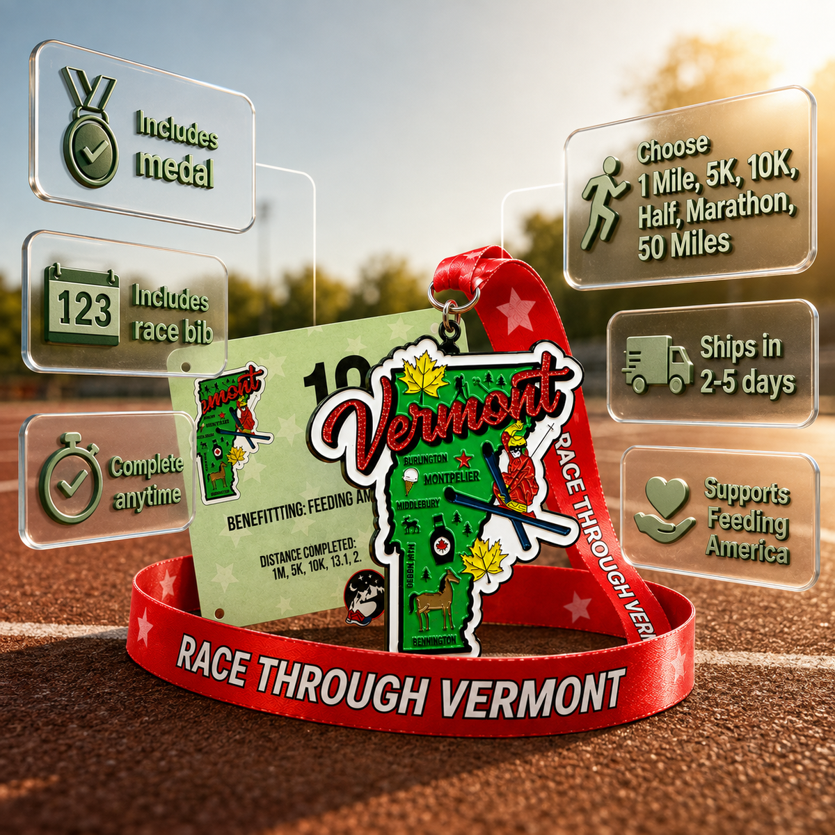 Virtualrunevent Vermont Race medal featuring a colorful graphic design for 5K, 10K, half marathon, and marathon events.