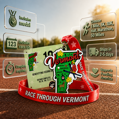 Virtualrunevent Vermont Race medal featuring a colorful graphic design for 5K, 10K, half marathon, and marathon events.