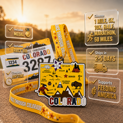 Colorado virtual race medal featuring a mountain graphic for 5K, 10K, half marathon, and 50-mile challenge from virtualrunevent.