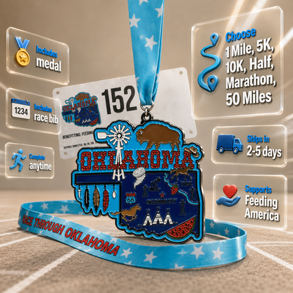 Virtualrunevent Oklahoma Race medal for 5K, 10K, half marathon, and 50-mile challenge, featuring Oklahoma-themed graphics.