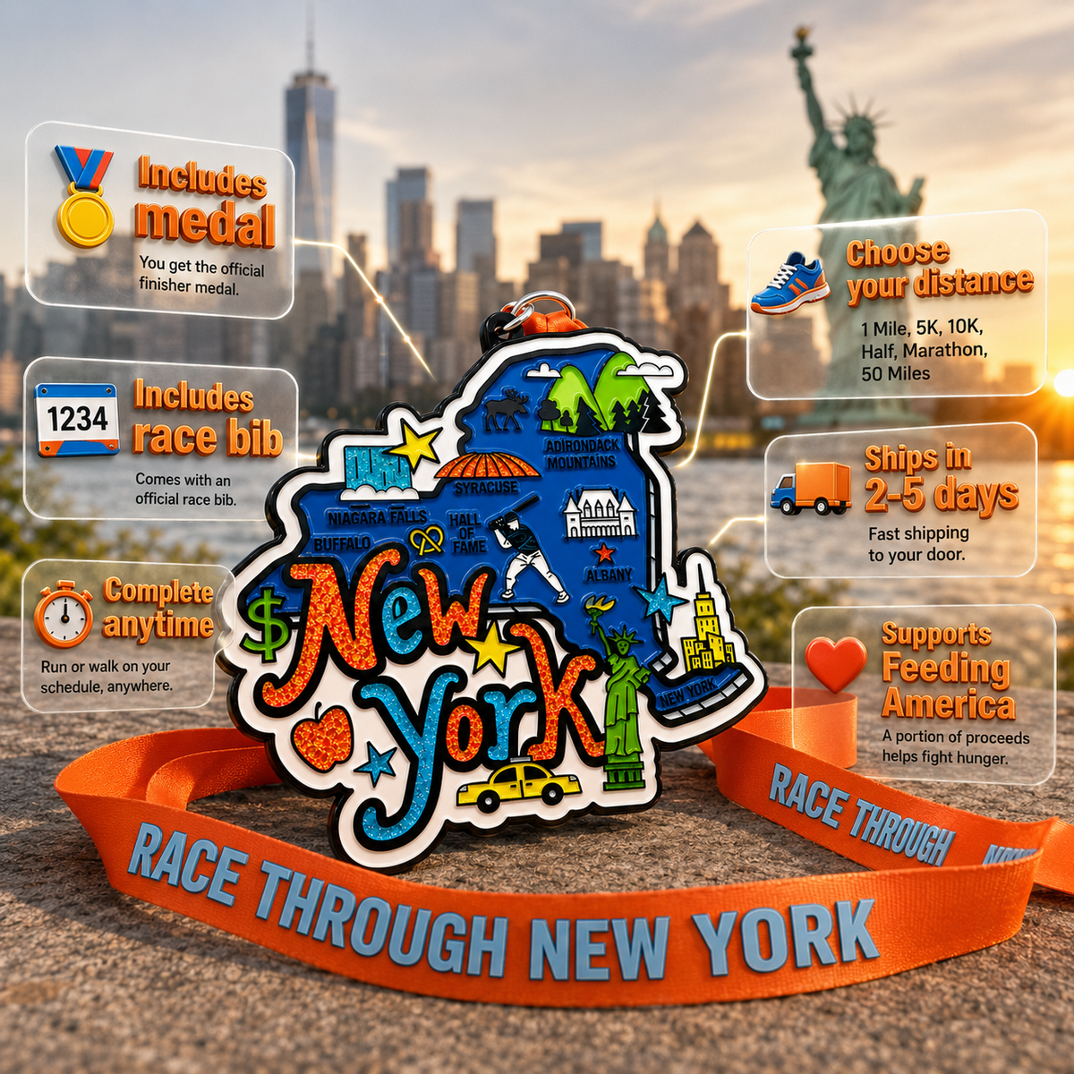 Virtualrunevent Race Through New York medal featuring a graphic design for 5K, 10K, half marathon, and 50-mile challenge.