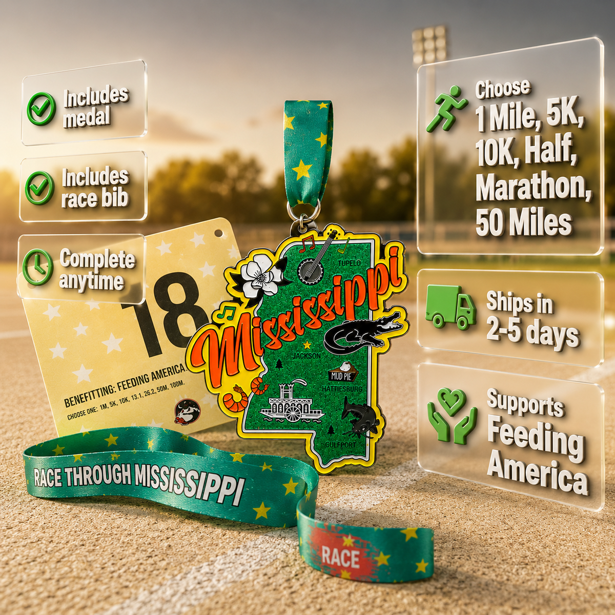 Virtualrunevent Race Through Mississippi medal featuring a colorful design representing 5K, 10K, half marathon, and 50-mile challenge.