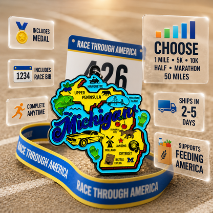 Michigan Virtual Race medal featuring race distance icons for 1 mile, 5K, 10K, half, and marathon, by virtualrunevent.