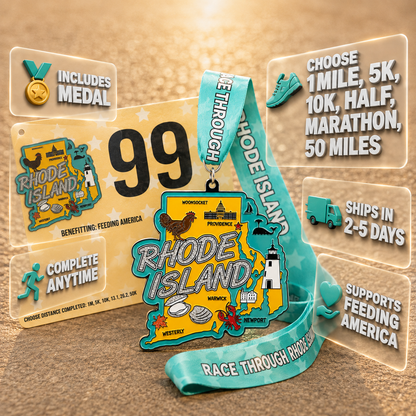 Medal for the Race Through Rhode Island Virtual Race featuring a colorful graphic design and the virtualrunevent brand.