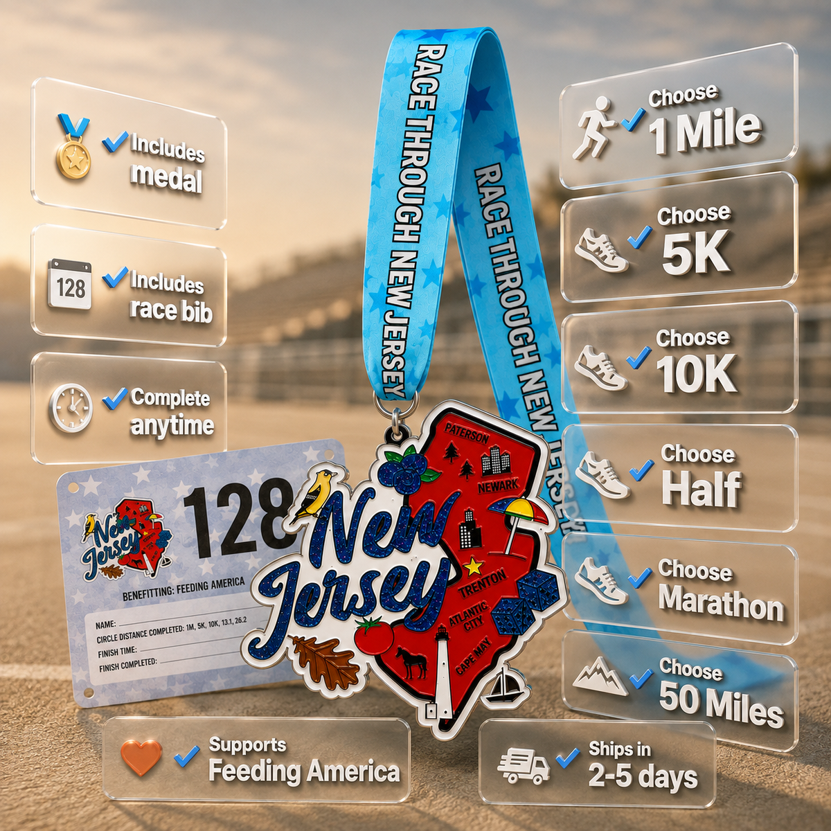 Virtualrunevent Race Through New Jersey medal featuring colorful graphic design for 5K, 10K, Half Marathon, and 50 Mile Challenge.