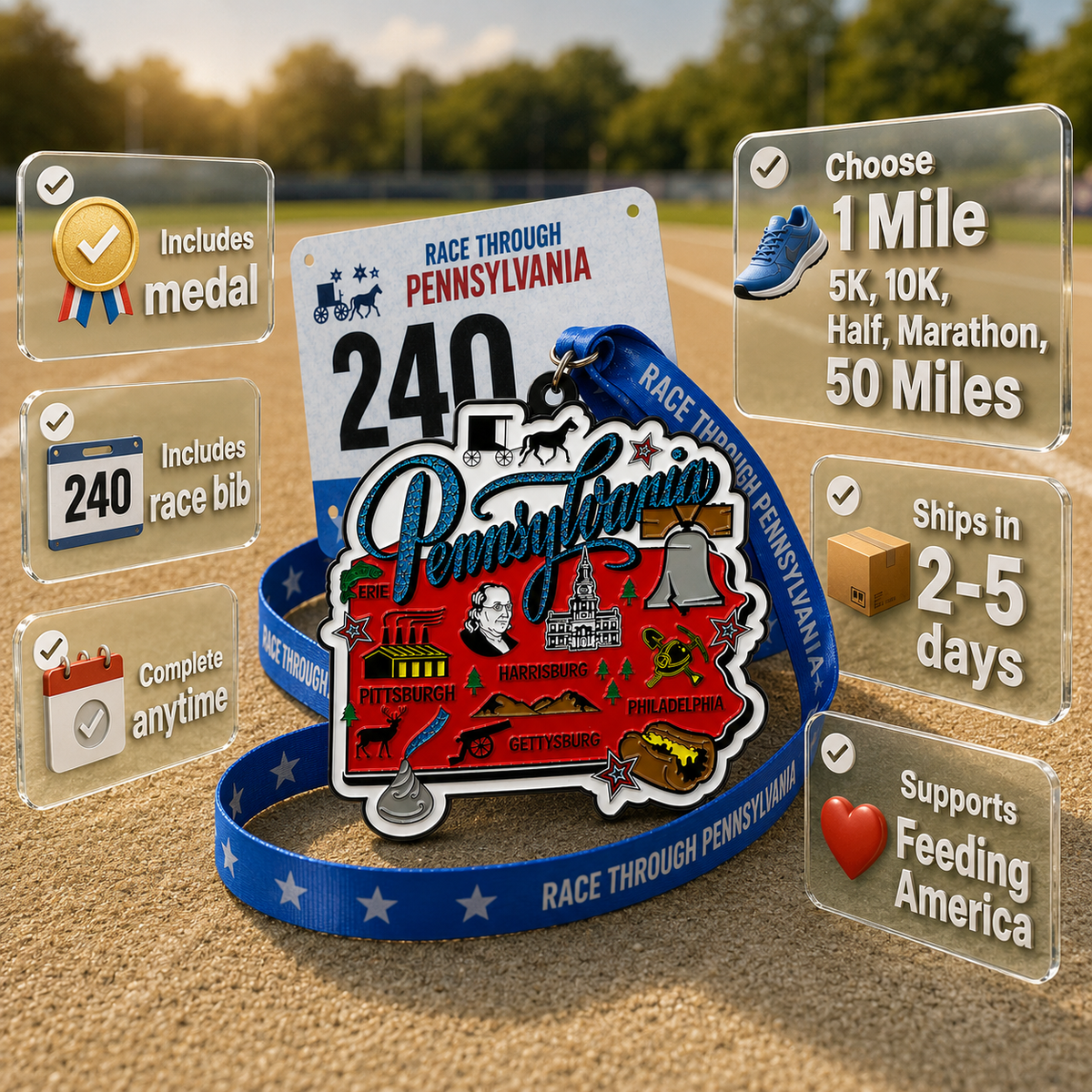 Virtualrunevent Pennsylvania Race medal featuring Pennsylvania map and race details for 5K, 10K, half marathon, and marathon.