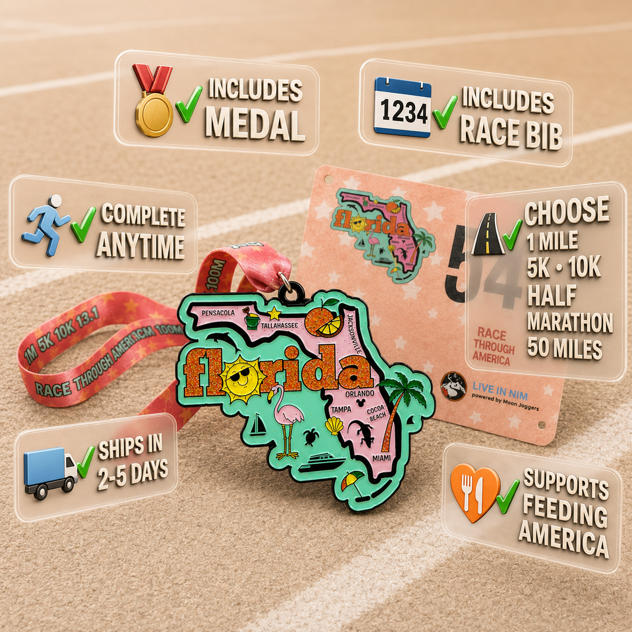 Virtualrunevent Race Through Florida medal and bib featuring colorful Florida-themed graphics and race details.