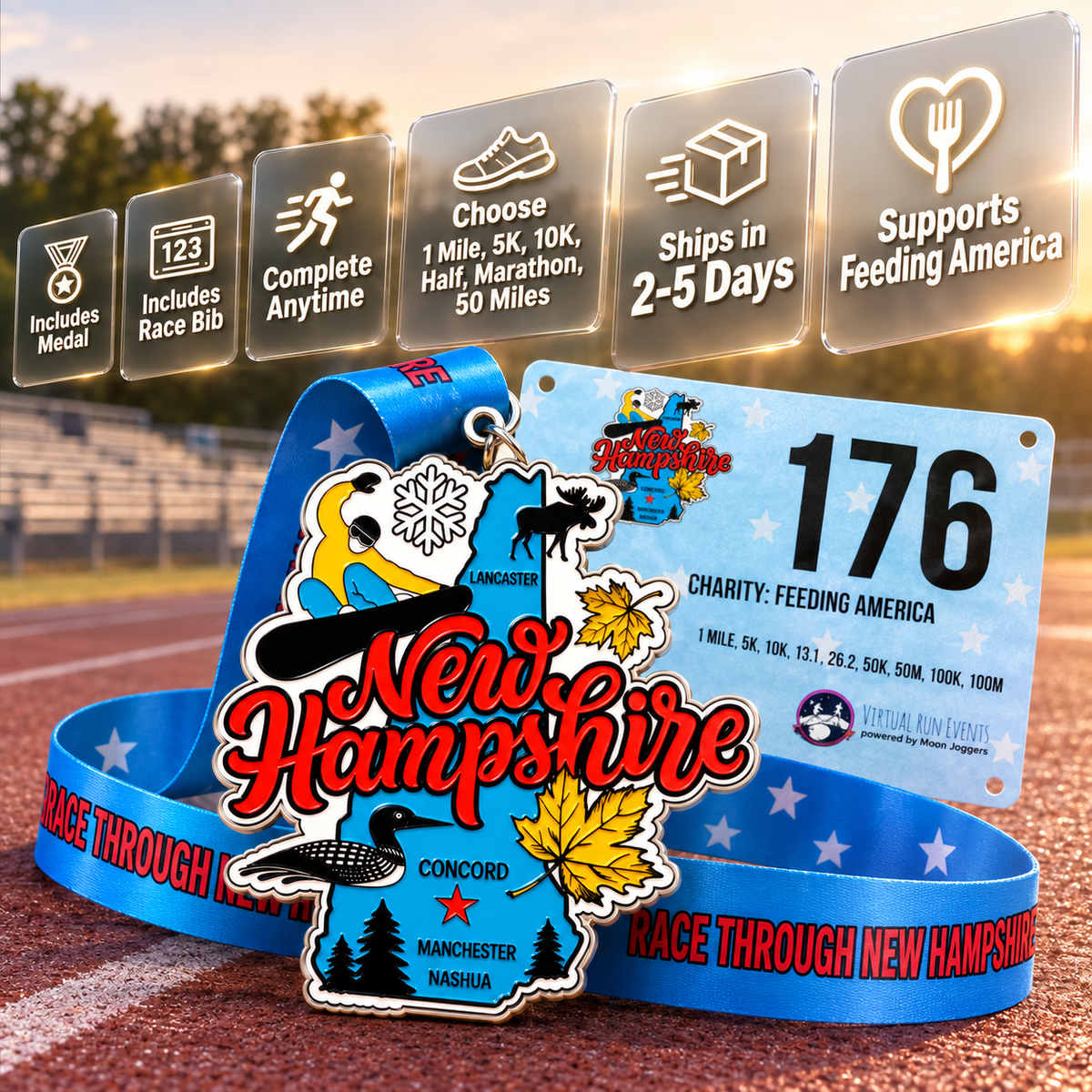 VirtualRunEvent Race Through New Hampshire medal and bib featuring scenic graphics for 1M, 5K, 10K, Half Marathon, and Marathon.