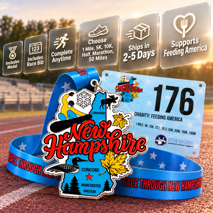 VirtualRunEvent Race Through New Hampshire medal and bib featuring scenic graphics for 1M, 5K, 10K, Half Marathon, and Marathon.