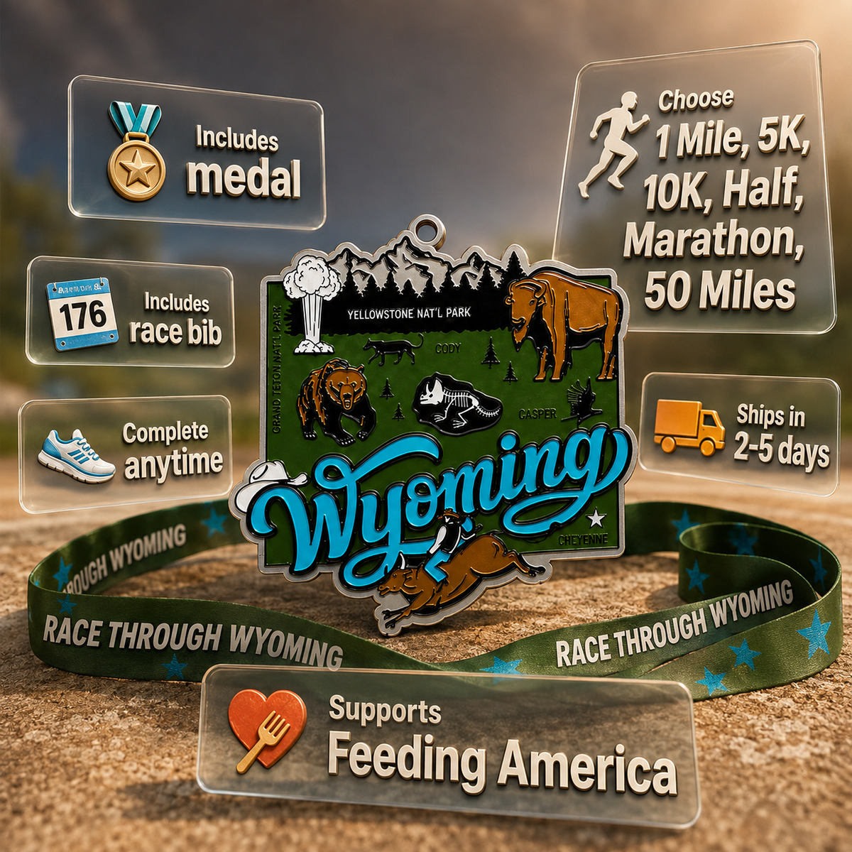 Virtualrunevent Wyoming Race medal featuring a scenic design with race distance icons and Wyoming landscape elements.