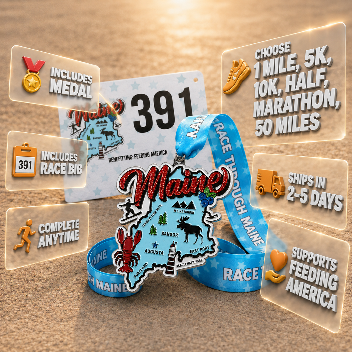 Medal for the Race Through Maine Virtual Race by virtualrunevent, featuring race distance icons and scenic design.