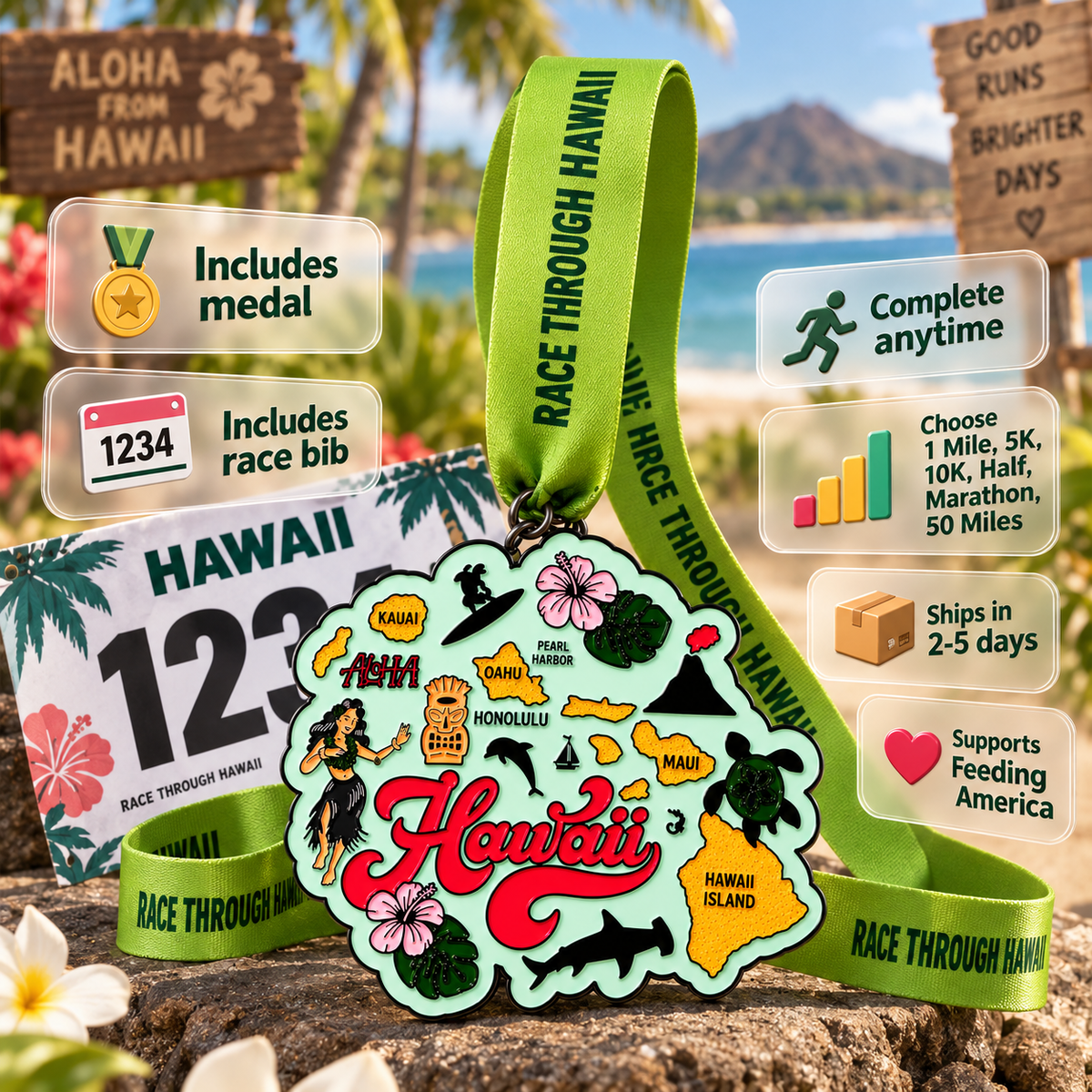 Virtualrunevent Race Through Hawaii 5K to 50 Mile challenge medal featuring tropical island graphics and vibrant race branding.