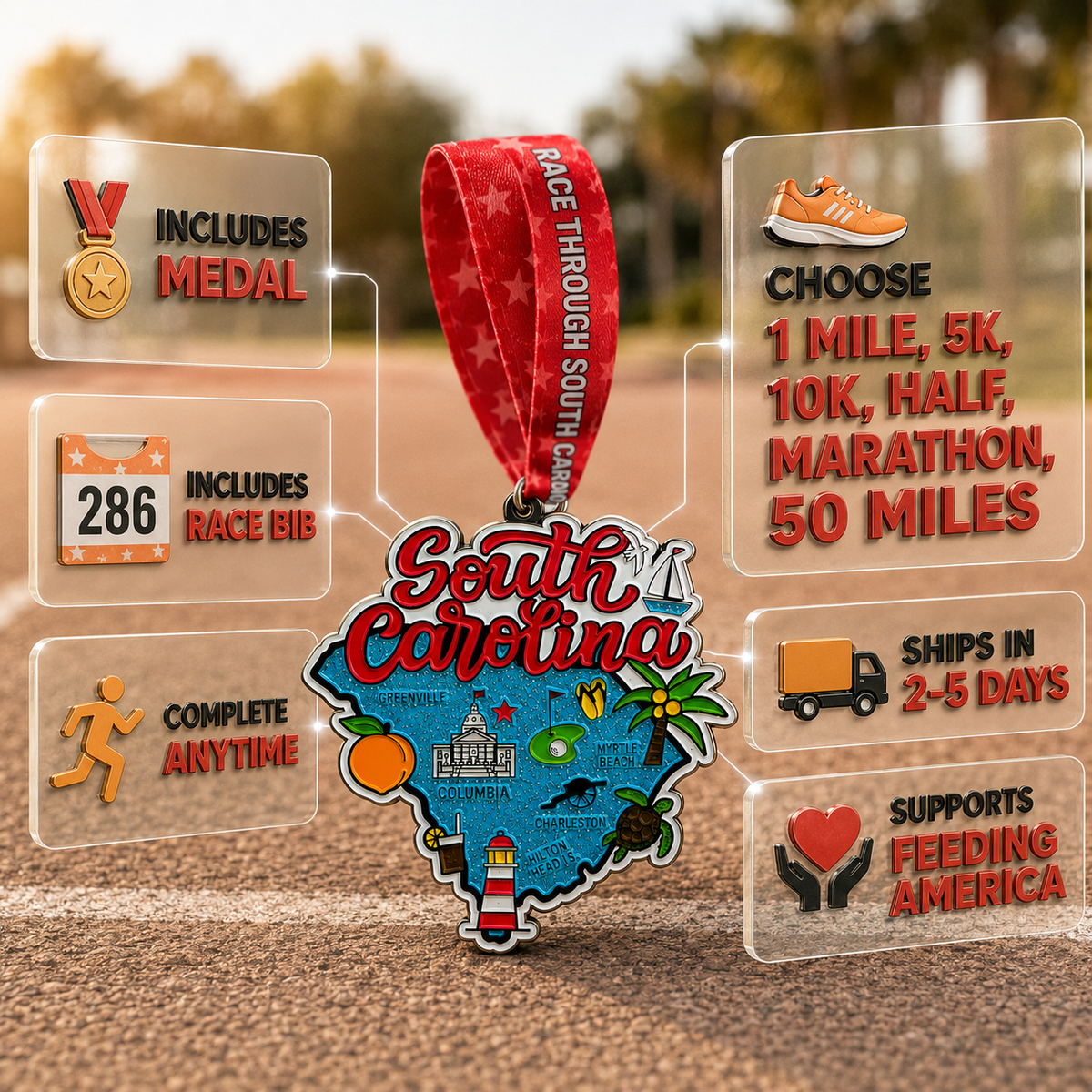 Silver race medal featuring South Carolina map and virtualrunevent logo for the Race Through South Carolina virtual marathon event.