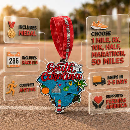 Silver race medal featuring South Carolina map and virtualrunevent logo for the Race Through South Carolina virtual marathon event.