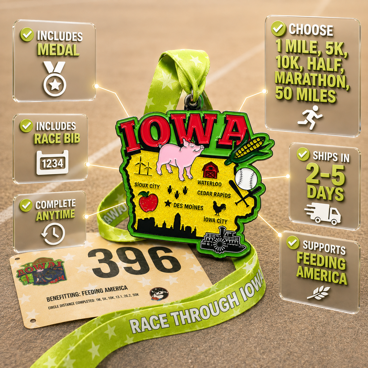 Virtualrunevent Race Through Iowa medal featuring a colorful Iowa landscape and race details for 5K, 10K, half marathon, and 50-mile challenge.