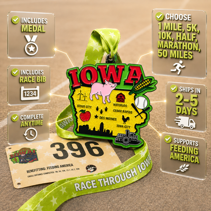 Virtualrunevent Race Through Iowa medal featuring a colorful Iowa landscape and race details for 5K, 10K, half marathon, and 50-mile challenge.