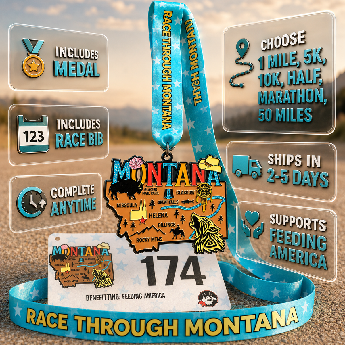 Virtualrunevent Montana Race medal for 5K, 10K, Half Marathon, and 50 Mile Challenge featuring mountain and river graphic design.