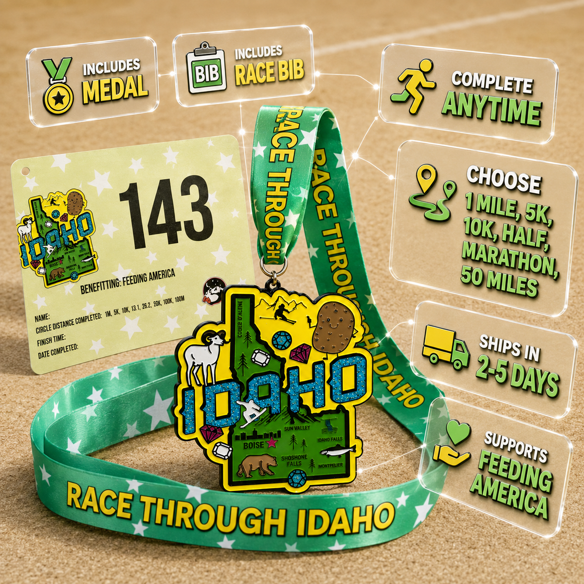Idaho virtual race medal from VirtualRunEvent for 5K, 10K, Half Marathon, and 50 Mile Challenge, featuring Idaho-themed graphics.