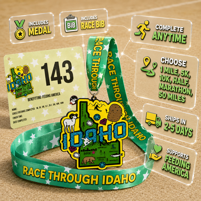 Idaho virtual race medal from VirtualRunEvent for 5K, 10K, Half Marathon, and 50 Mile Challenge, featuring Idaho-themed graphics.