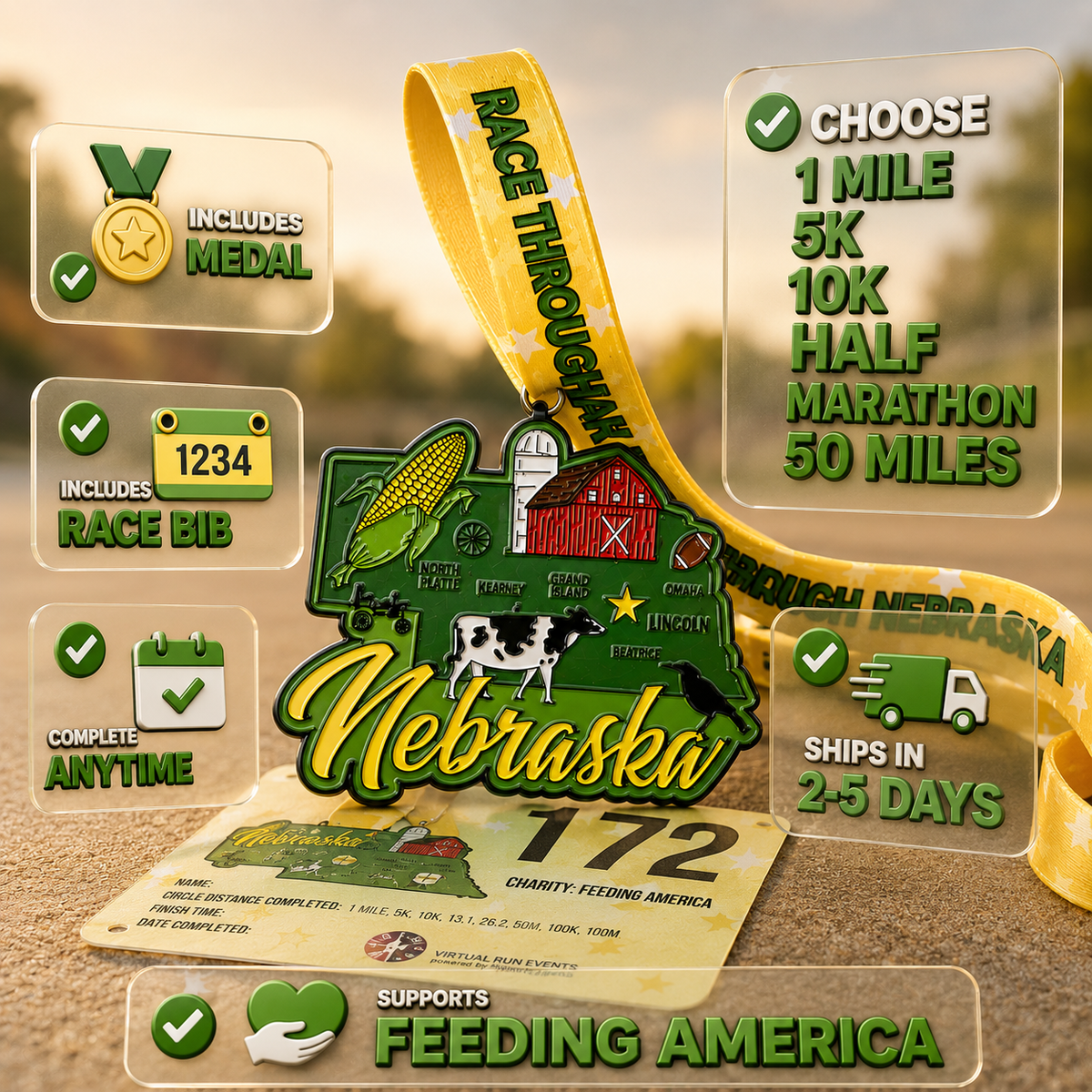 Race Through Nebraska 1M 5K 10K 13.1 26.2 Medal and Bib
